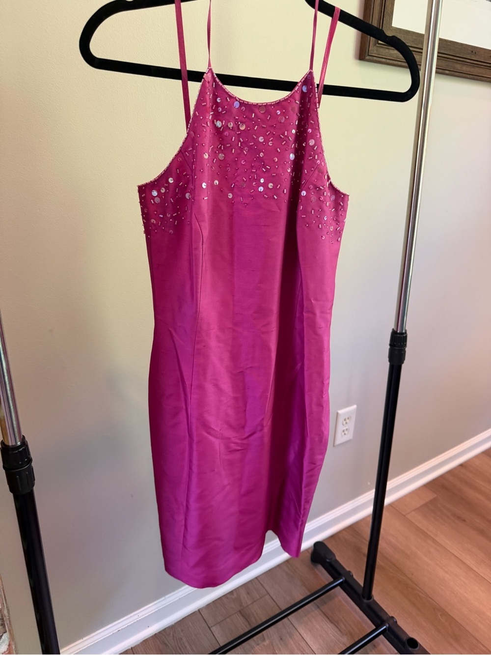 Vintage y2K Beaded Ann Taylor Silk Halter Revenge Dress in Fuchsia